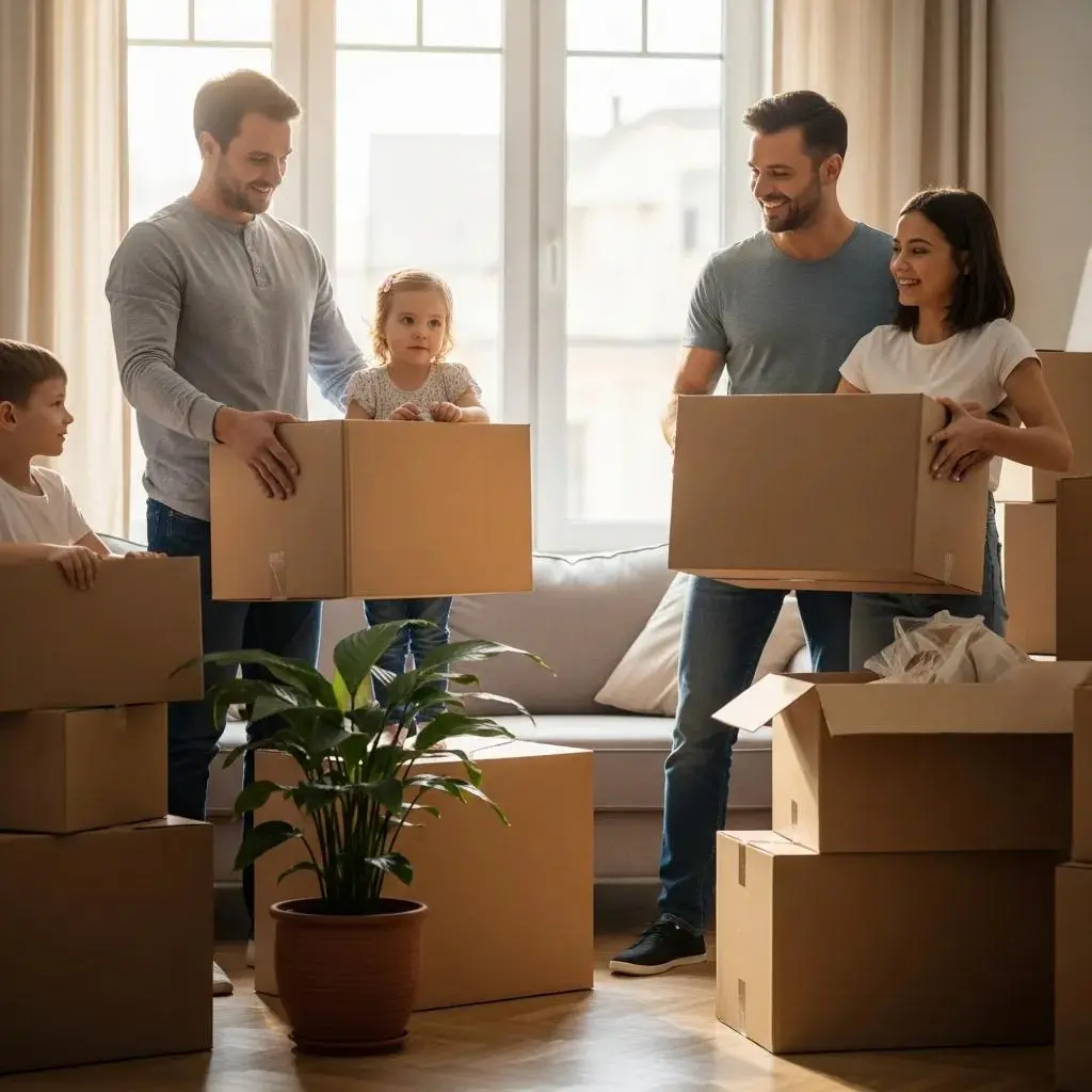 Family unpacking boxes in a cozy living room, symbolizing the excitement of moving into a new home