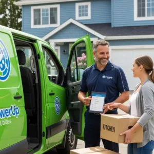 Local utility service provider assisting a new homeowner with service arrangements, emphasising the importance of planning before moving, in front of a residential home.