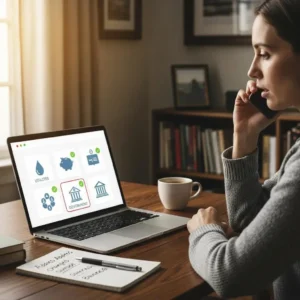 Person on phone in home office, using laptop to notify organisations about address change, surrounded by moving-related icons and notes.