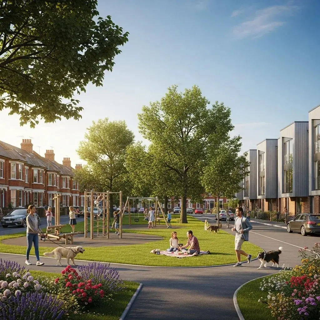 Picturesque neighborhood in Leicester showcasing a mix of traditional and modern homes with community activities