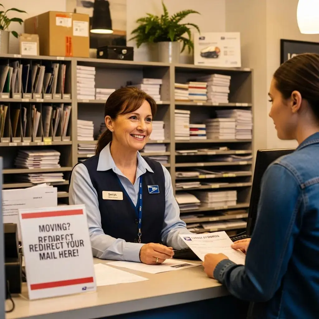 Post Office employee assisting a customer with mail redirection
