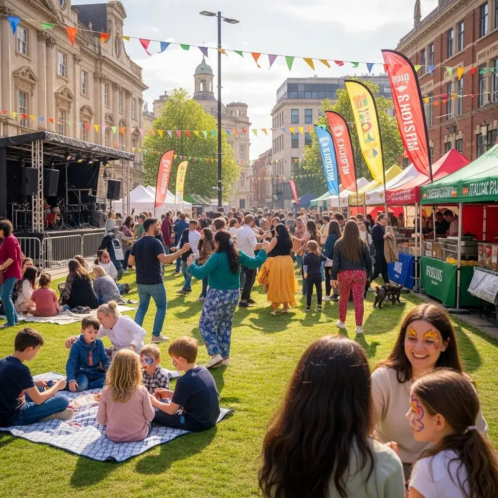 Scene from a cultural festival in Leicester showcasing community engagement and multicultural heritage