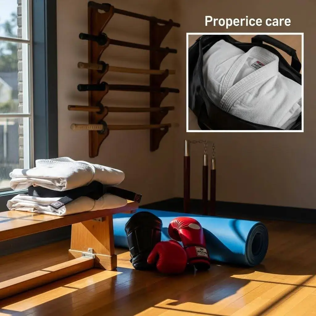 A studio setup showing martial arts mats, uniforms, and protective gear — examples of flexible packing options
