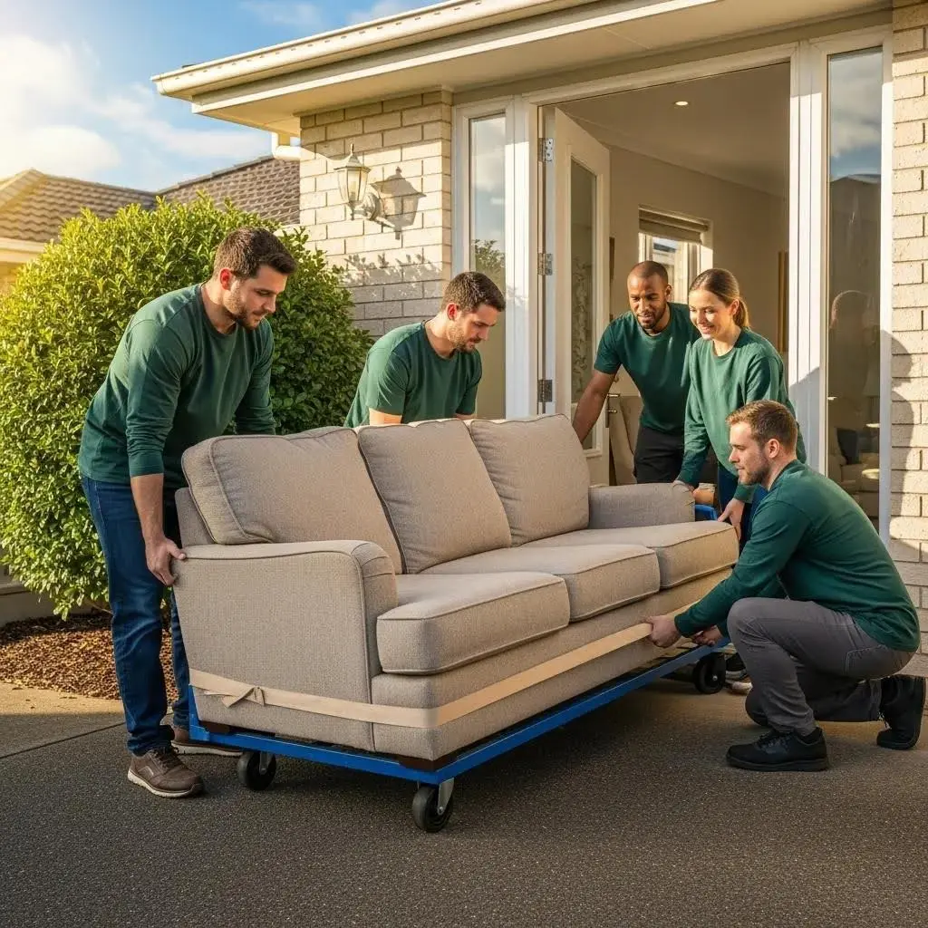 Group of people moving a large sofa with proper equipment, emphasizing teamwork and safety in furniture relocation