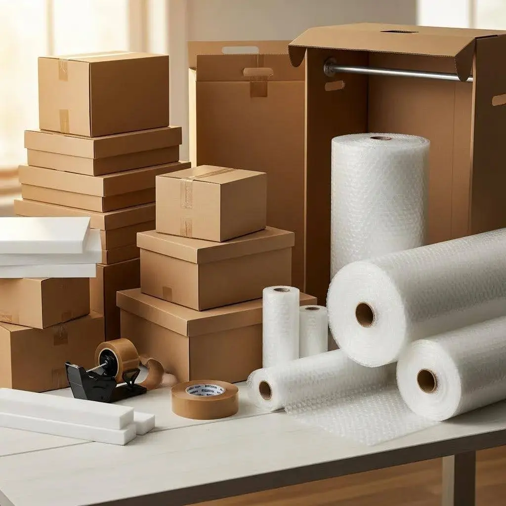 High-quality packing materials including boxes and bubble wrap, essential for safe moving