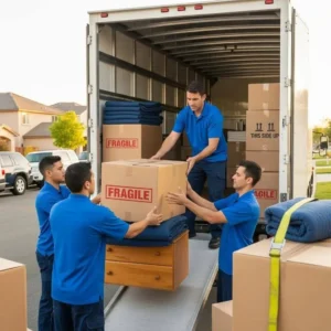 Movers carefully loading fragile boxes and furniture into a truck, demonstrating professional packing services for safe transport.