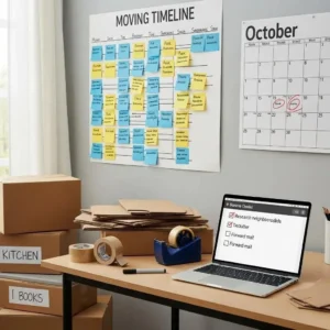 Organized workspace with a moving timeline and packing supplies for pre-move planning