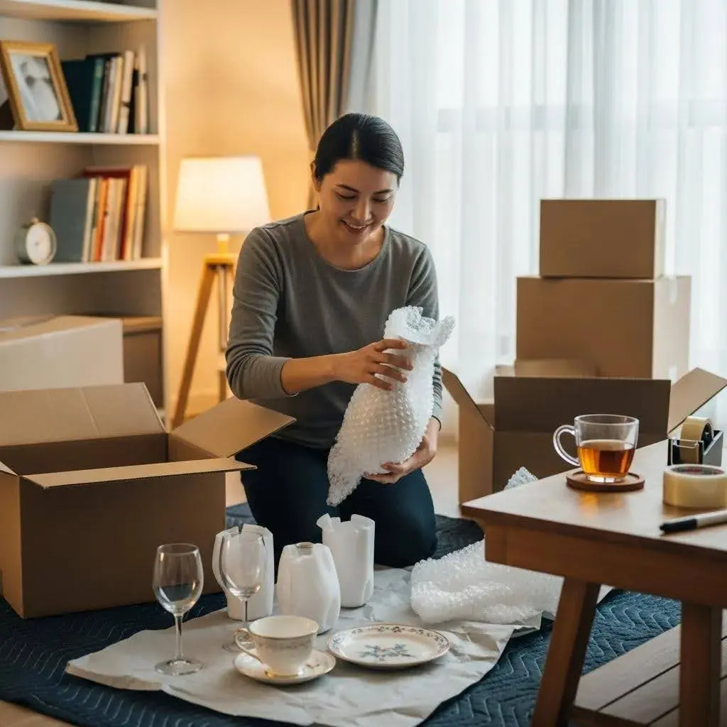 Person packing fragile items with bubble wrap in a cozy living room