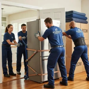 Professional movers handling a large refrigerator, illustrating the benefits of hiring expert appliance removal services