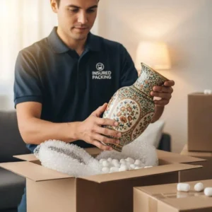 Professional packer handling a fragile vase, emphasizing the protection offered by insured packing services