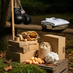 Recycled boxes and biodegradable packing materials arranged for shipping martial arts equipment, featuring boxing gloves and a white uniform.