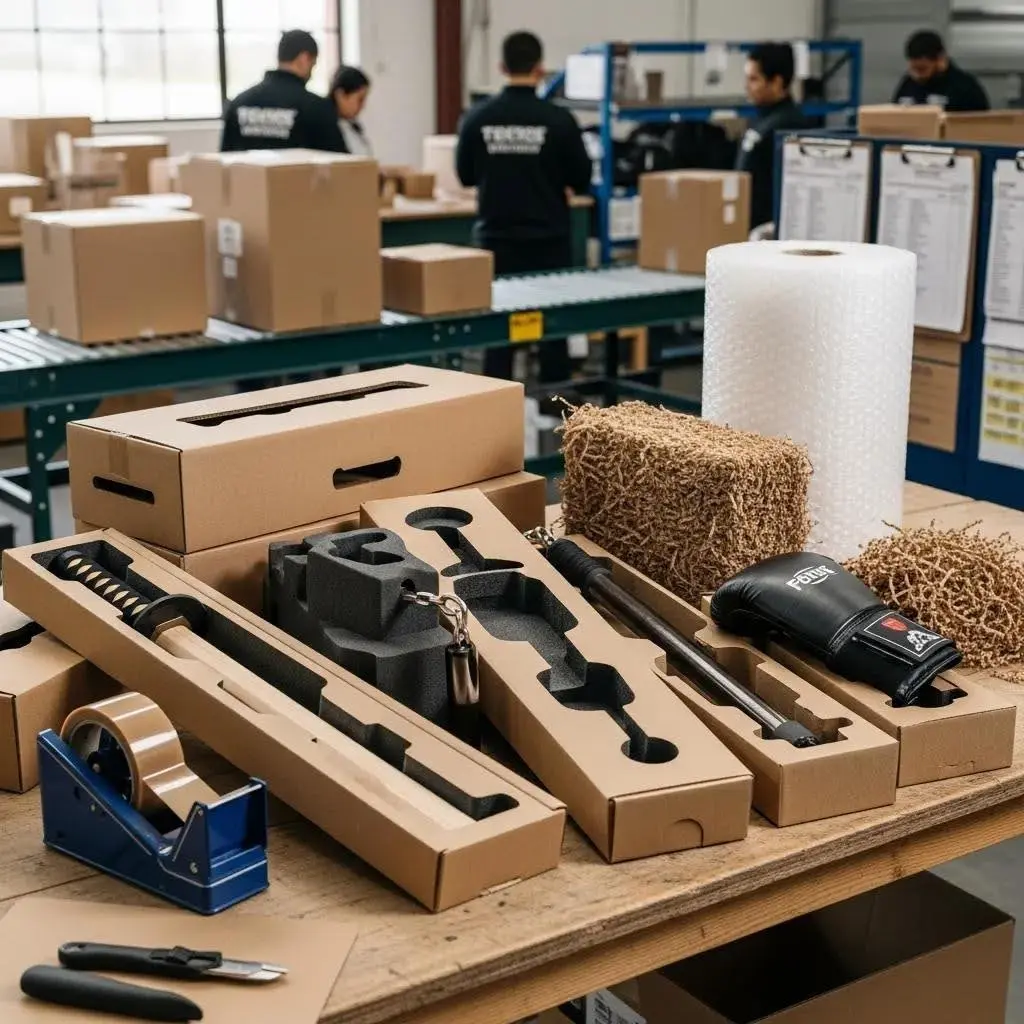 Tailored packing solutions for martial arts equipment, featuring custom boxes, protective cushioning, and various gear like gloves and training tools, on a packing table in a warehouse setting.
