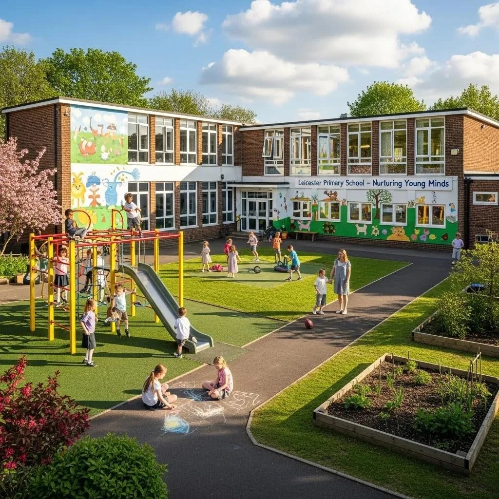 A vibrant primary school in Leicester with children playing in the yard