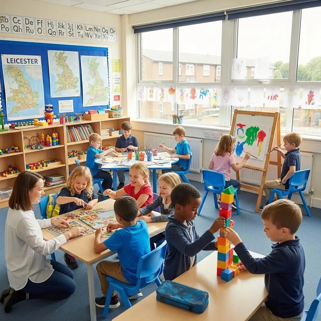 Diverse children engaged in a collaborative classroom environment in Leicester