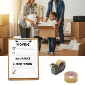 Family packing belongings with insurance protection in mind during a move