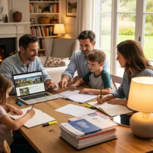 Family reviewing school admission documents at home in Leicester