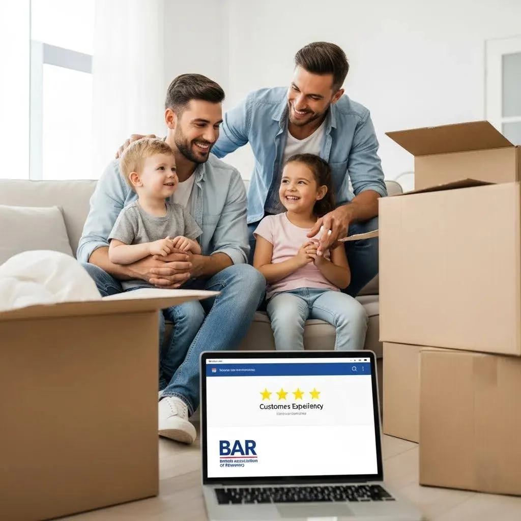 Happy family in their new home sharing positive experiences with BAR member movers