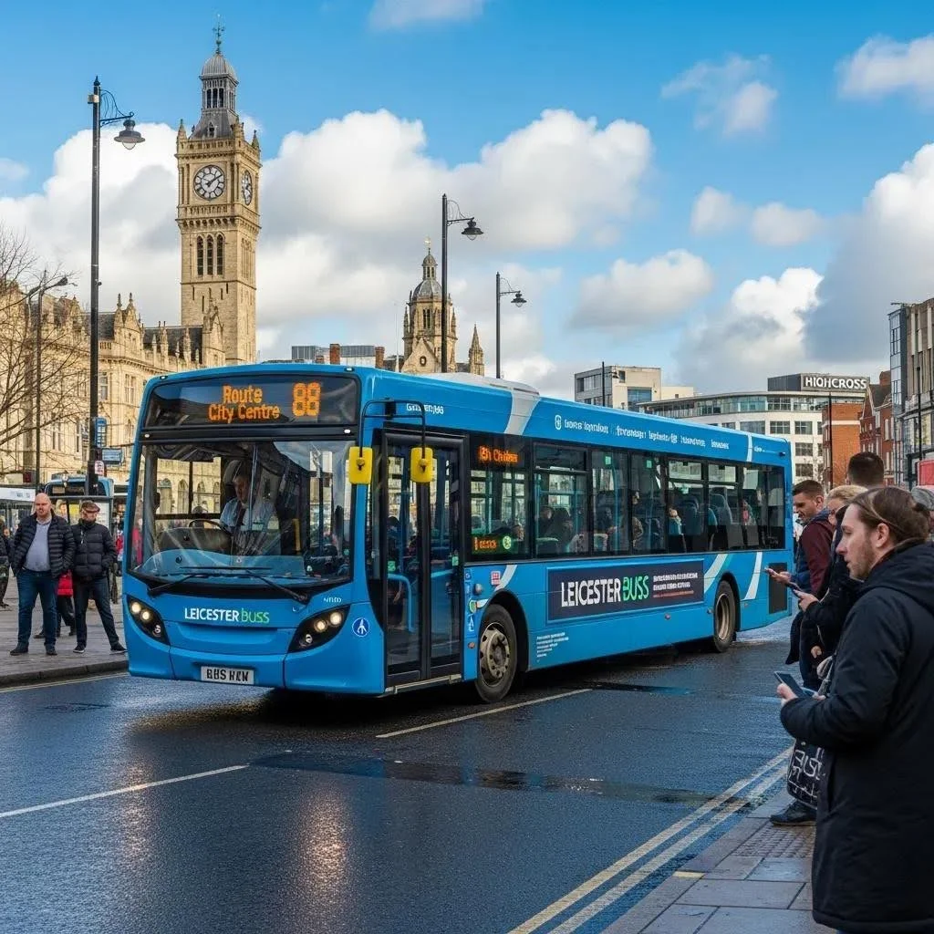 Leicester bus on a route with city landmarks in the background