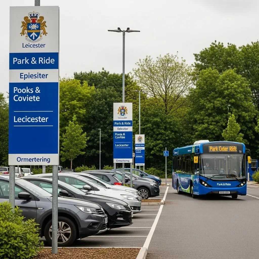 Leicester park and ride facility with parked cars and bus ready to depart