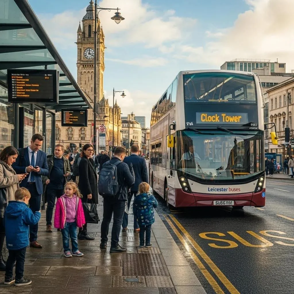 Leicester public transport scene with commuters at a bus stop and city backdrop