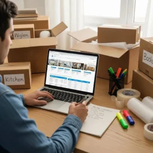 Person comparing moving companies on a laptop while preparing for a move